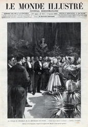 Reis van Sadi Carnot (1837-1894) naar Savoye: de president van de republiek wordt verwelkomd in Chambéry door jonge meisjes die hem een boeket bloemen aanbieden. Een krant. Gravure in 