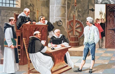 Oordeel bij het Hof van Ginebra van de Spaanse theoloog Miguel Serveto, veroordeeld tot verbranding op de brandstapel wegens ketterij in 1553
