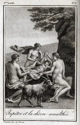Jupiter kind gevoed door de geit Amalthee. Gravure uit 1819 in 