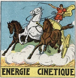 Kinetische energie: wagenmenner uit de oudheid die een door paarden getrokken wagen bestuurt. Anonieme illustratie uit 1925. Privécollectie.