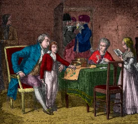 Koning Lodewijk XVI en de koninklijke familie gevangen in de tempel onder toezicht van de revolutionairen (gravure) - privécollectie