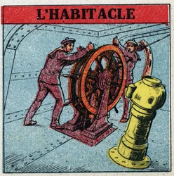 Aards magnetisme: twee zeelieden manoeuvreren het roer van een schip en kijken naar de cockpit, een koperen kist waarin zich een kompas bevindt. Anonieme illustratie uit 1925. Privécollectie.
