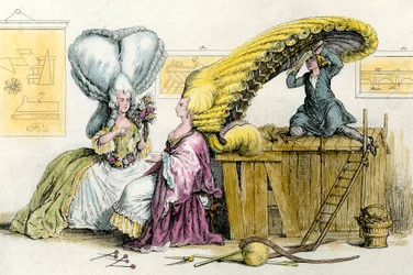 Grote excentrieke kapsels: jonge vrouwen van de adel gestyled door een pruik. Gravure uit 1788. Privécollectie