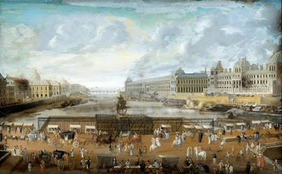 De Pont Neuf gezien vanaf de ingang van de Place Dauphine, de Quai Malaquais met het Collège des Quatre-Nations en de Grande Galerie en het Louvre. 1669. Parijs, Musée Carnavalet