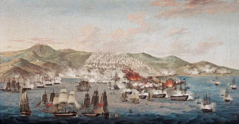 Het bombardement van Algiers, 27 augustus 1816, actie bevolen door sir Edward Pellew voor de bevrijding van de Britse consul en meer dan 1000 christelijke slaven