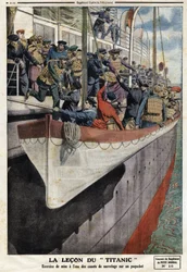 Reddingsbootoefening aan boord van een lijnschip, na het zinken van de RMS Titanic, op 15 april 1912. Illustratie uit de Franse krant Le petit Journal, 2 juni