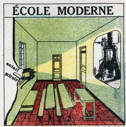 Lichtprojectie: gebruik van een projector in een klaslokaal in de jaren 1920. Anonieme illustratie uit 1925. Privécollectie.