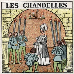 Lichtbronnen: kaarsen gebruikt in de Middeleeuwen. Anonieme illustratie uit 1925. Privécollectie.