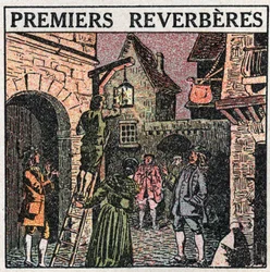 Lichtbronnen: de eerste lantaarns geïnstalleerd in Frankrijk in 1677. Anonieme illustratie uit 1925. Privécollectie.