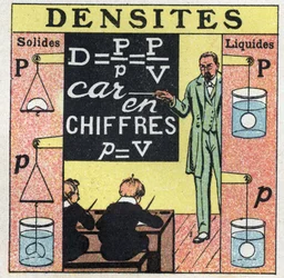 Vloeistofbalans: een leraar die de dichtheid van vaste stoffen en vloeistoffen onderwijst aan studenten in een klaslokaal. Anonieme illustratie uit 1925. Privécollectie.