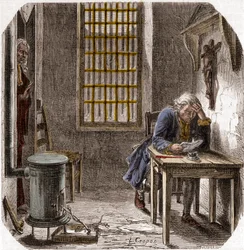 Lodewijk XVI (1754-93) leest zijn laatste wil en testament in de Tempel 1792 - Lodewijk XVI leest zijn testament in de toren van de Tempel op 25 december 1792 - Gravure in 