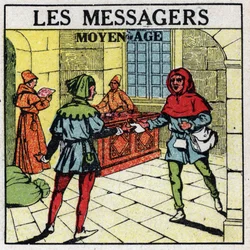 Post: Boodschappers in de Middeleeuwen. Anonieme illustratie uit 1925. Privécollectie.