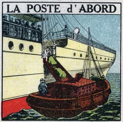 Post: schip dat post aan boord van een lijnschip bezorgt. Anonieme illustratie uit 1925. Privécollectie.