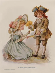 Het maken van de Cowslip Bal, boekillustratie, begin 20e eeuw (kleur lithografie)