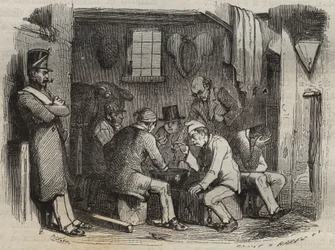 Maaltijd van de veroordeelden in de Rochefort bagne in de 19e eeuw. Gravure in 