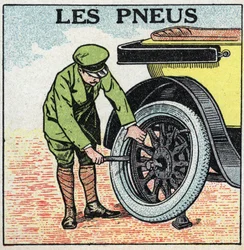 Mechanische tractie: de banden van een auto. Anonieme illustratie uit 1925. Privécollectie.