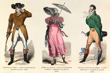 Mannen- en vrouwenkostuums tussen 1810 en 1812 in Parijs (regeerperiode van keizer Napoleon I) - privécollectie