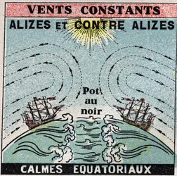 Meteorologie: constante winden. Passaatwinden, tegenpassaten, equatoriale windstille zone. Anonieme illustratie uit 1925. Privécollectie.