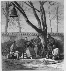 Missionaris die de katholieke leer onderwijst in de provincie Henan (Ho Nan, Ho-Nan), China. Gravure in “Les Missions Catholiques au XIXème Siècle” door Louis-Eugène Louvet. Privécollectie