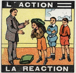 Bewegingen: actie, reactie. Een jongen met zijn tas. Anonieme illustratie uit 1925. Privécollectie.