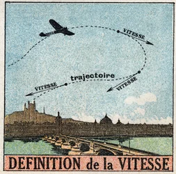 Bewegingen: definitie van snelheid. Een vliegtuig dat over een stad vliegt.