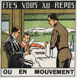 Bewegingen: scène in het restaurant van een trein waar passagiers niet bewegen terwijl de trein vooruitgaat. Anonieme illustratie uit 1925. Privécollectie.