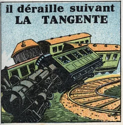Bewegingen: raaklijn. Treinontsporing. Anonieme illustratie uit 1925. Privécollectie.