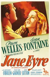 Filmposter van de film "Jane Eyre" geschreven door Charlotte Bronte en geregisseerd door Robert Stevenson in 1944 met acteurs Orson Welles als Edward Rochester en Joan Fontaine als Jane. Privécollectie.