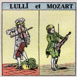 Muziekinstrumenten: gewreven snaarinstrumenten. Jean Baptiste Lully (Giovanni Battista Lulli) (1632-1687) en Wolfgang Amadeus Mozart (1756-1791) spelen viool. Anonieme illustratie uit 1925. Privécollectie.