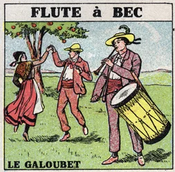 Muziekinstrumenten: blaasinstrumenten. Galubet speler (blokfluit). Anonieme illustratie uit 1925. Privécollectie.