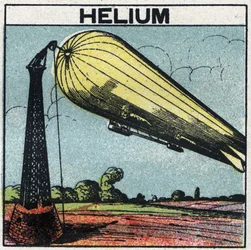 Nieuwe gas eigenschappen: zeppelin opgeblazen met helium. Anonieme illustratie uit 1925. Privécollectie.