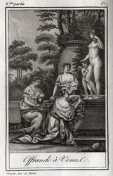 Aanbieding aan Venus. Kleine liefdes (engeltjes) verzamelen zich om eer te bewijzen aan de godin Aphrodite. Gravure uit 1819 in "Lettres à Emilie sur la mythologie" door Charles Albert Demoustier (1760-1801). Privécollectie.