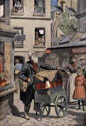 Oude beroepen: de barbaarse orgelspeler in de straten van Parijs. Gravure in de kop van de Petity Journal, 26/04/1908. Privécollectie