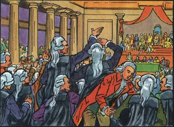 Opening van de Staten-Generaal in Versailles op 5 mei 1789 met de Drie Orden (Geestelijkheid, Adel en Derde Stand). Anonieme illustratie in “Collection des souverains et chefs d