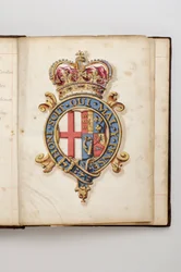 Orde van de Kousenband: Boek van Statuten dat toebehoorde aan Charles Fitzroy, Hertog van Grafton - Koninklijke wapens van de Hanovrianen van 1714 tot 1801 (Aquarel manuscript, begin 18e eeuw)