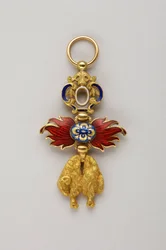 Orde van het Gulden Vlies: Spaans Gulden Vlies - Miniatuur van insigne behorend tot Alfonso XIII van Bourbon (1886-1941), koning van Spanje (1886-1931) - Eind 19e eeuw - Goud en email - Privécollectie