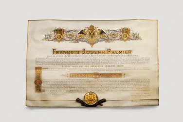 Orde van het Gulden Vlies: Het Oostenrijkse Gulden Vlies - Toelatingsdiploma tot de Orde van het Gulden Vlies door Pierre Ferdinand (Pierre-Ferdinand) (1874-1948), Aartshertog van Oostenrijk