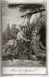 Pan en de nimf Syrinx veranderd in riet. Gravure uit 1819 in 