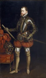 Portret van Filips II (1527-1598) in harnas van de slag bij Saint Quentin