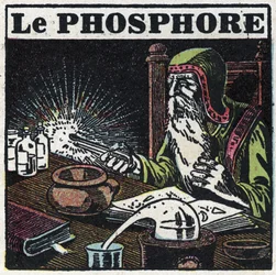 Fosforescentie: fosfor. Een alchemist op zoek naar de filosofische steen in zijn laboratorium. Anonieme illustratie uit 1925. Privécollectie.