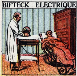 Fysiologische effecten van elektriciteit: elektrische biefstuk. Zorg voor een patiënt door elektriciteit door zijn lichaam te laten stromen met behulp van blote metalen elektroden. Anonieme illustratie uit 1925. Privécollectie.