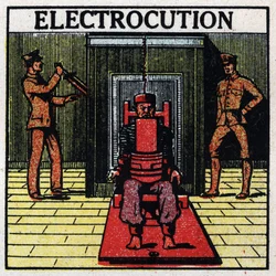 Fysiologische effecten van elektriciteit: executie door middel van een elektrische stoel in een gevangenis in de Verenigde Staten. Anonieme illustratie uit 1925. Privécollectie.