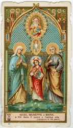 Vrome afbeelding: De heilige familie met de Heilige Geest en God (chromolithografie)