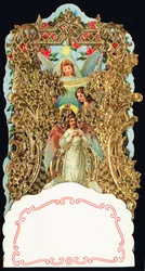 Vrome afbeelding: Eer aan God. Gekartelde en vergulde kaart. Chromolithografie. Privécollectie