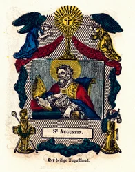 Vrome afbeelding: Sint Augustinus (Augustinus van Hippo (354 - 430), bisschop en kerkleraar, auteur van de Regel van Sint Augustinus en Belijdenissen). Gravure uit de 19e eeuw Privécollectie