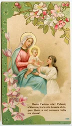 Vrome afbeelding: Maagd met kind, een vroom meisje neemt Jezus in haar armen (chromolithografie)