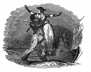 Piraat Charles Gibbs neemt een Nederlands meisje van zijn schip (begin 19e eeuw). Gravure uit The pirate own book 1837.