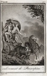 Pluto (Hades) neemt Persephone (Proserpina) voor haar moeder, Ceres (Demeter), en brengt haar naar het rijk van de Onderwereld. Pluto ontvoert Persephone naar zijn rijk, de onderwereld, in de Griekse mythologie. Gravure uit 1819 in 