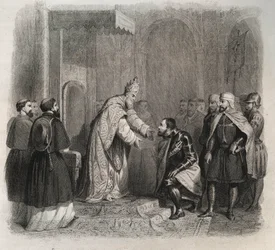 Paus St. Pius V (1566-1572) ontvangt de winnaar van de Slag bij Lepanto. Gravure uit 1846 in Lives of the Saints. Privécollectie