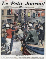 Volksdansen in de straten van Parijs ter gelegenheid van de nationale feestdag op 14 juli. Illustratie uit ‘Le Petit Journal illustré’ van 17/07/1921. Privécollectie